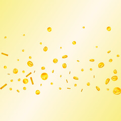 Swiss franc coins falling. Gold scattered CHF