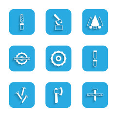Set ircular saw blade, Wooden axe, Metallic nail, Chisel tool, nails, Electric circular, Christmas tree and Rasp metal file icon. Vector