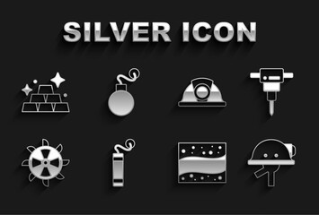 Set Dynamite, Construction jackhammer, Miner helmet, Gold mine, Bucket wheel excavator, bars and Bomb icon. Vector