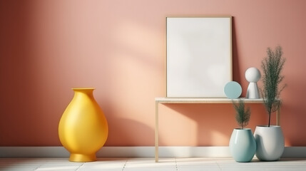 Empty wooden frame standing on floor have sofa and decoration. Generative Ai