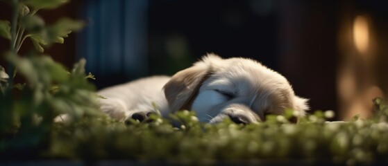 Adorable friendly dog peacefully sleeping under the stars at his home backyard garden on the lawn, quiet night of relaxing dreams and rest, closeup portrait bokeh blur - generative ai 