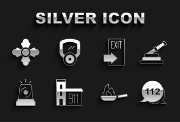 Set Building of fire station, Fire hose reel, Emergency call, Pan with, Flasher siren, exit, Firefighter and Gas mask icon. Vector