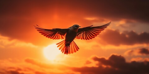 Plakat Silhouette of bird flying on sunset orange sky background. Generative AI