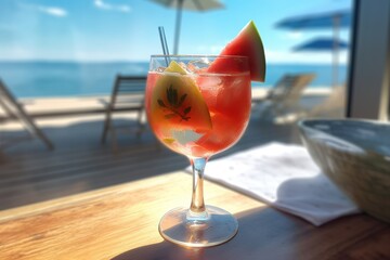 Refreshing pink cocktail by the sea. Waterlemon. Summer, beach and vacation.