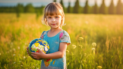 Child with globe. Created with generative Ai technology.