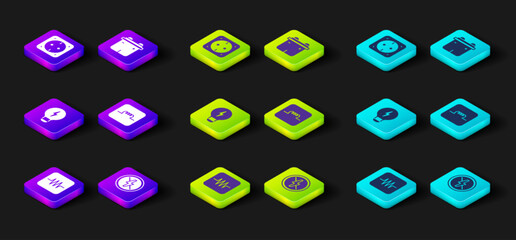 Set Resistor in electronic circuit, No lightning, Creative lamp idea, Inductor, Car battery and Electrical outlet icon. Vector