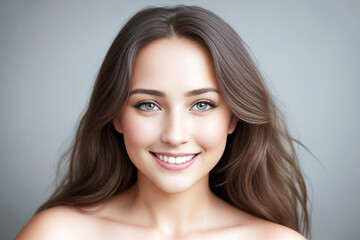Fototapeta premium Beautiful woman brunette beauty close-up portrait on gray background. Generative AI