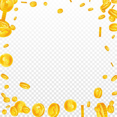 American dollar coins falling. Scattered gold USD