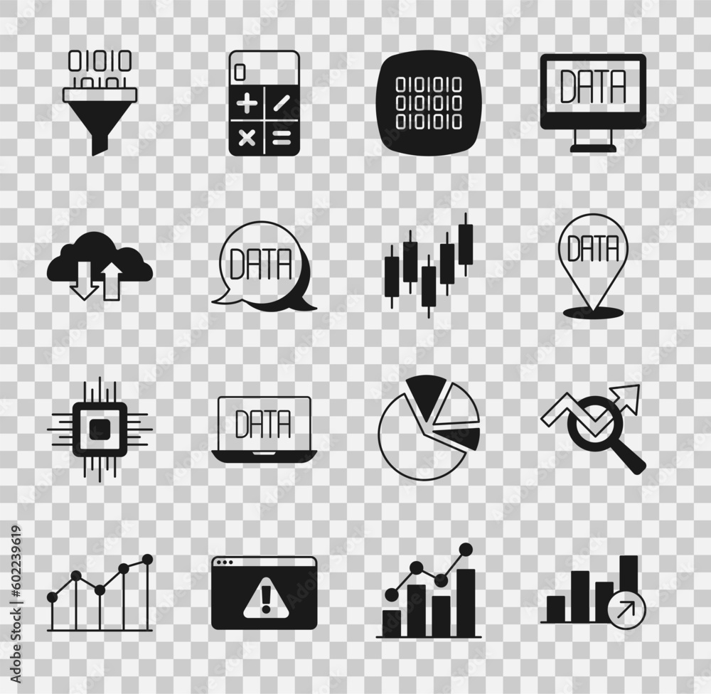 Aufkleber set financial growth, search data analysis, data, binary code, cloud download and upload, and browse