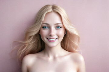 Naklejka premium Beautiful woman blonde beauty close-up portrait on pink background. Generative AI