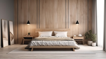 Realistic modern double bedroom with furniture and a frame. Generative Ai
