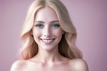 Beautiful woman blonde beauty close-up portrait on pink background. Generative AI