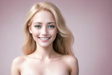Beautiful woman blonde beauty close-up portrait on pink background. Generative AI