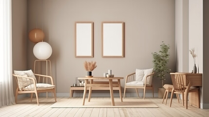 Mock up frame in home interior background, beige room. Generative Ai