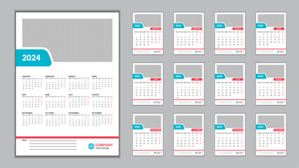 2024 Wall Calendar Design Template 11.69 in x 16.54 in with 0.25 in Bleed