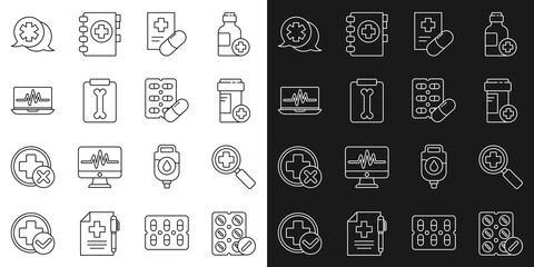 Set line Pills in blister pack, Magnifying glass for search medical, Medicine bottle, Medical prescription, X-ray shots, Laptop with cardiogram, Dialogue the doctor and icon. Vector