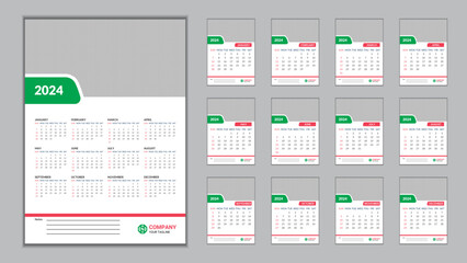 2024 Wall Calendar Design Template 11.69 in x 16.54 in with 0.25 in Bleed