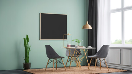 Mock up poster frame in hipster interior background, Scandinavian style. Generative Ai