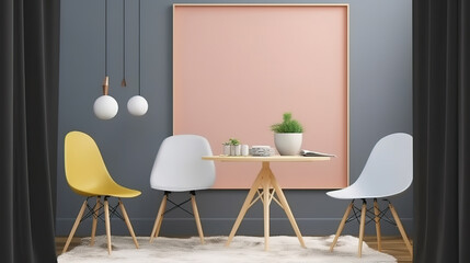 Mock up poster frame, dining room , Scandinavian style, 3D render, Bright color. Generative Ai