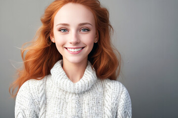 Naklejka premium Beauty ginger woman in a white sweater on a gray background. Generative AI