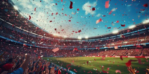 Soccer stadium with confetti as its peak moment background. Generative AI - obrazy, fototapety, plakaty