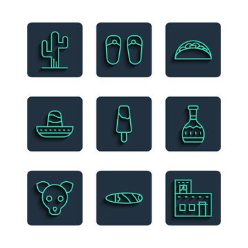 Set line Dog, Cigar, Mexican house, Taco with tortilla, Popsicle ice cream, sombrero, Cactus and Tequila bottle icon. Vector