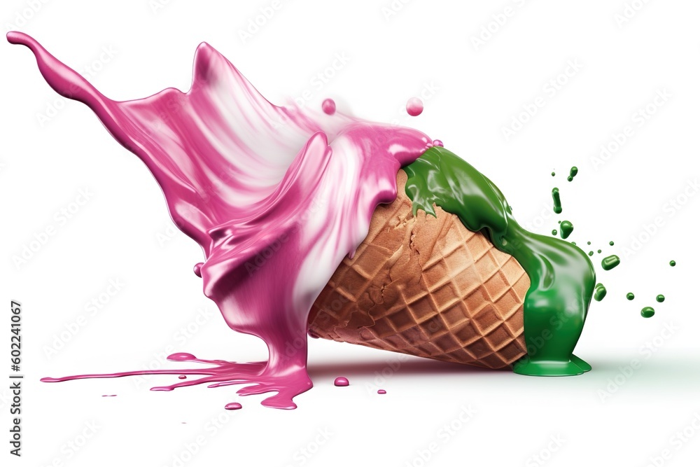 Poster an ice cream cone with pink and green liquid oozing out of it in a splattering pattern. generative a