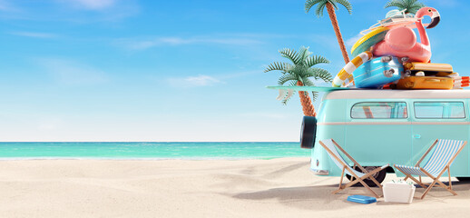 Summer vacation, travel holiday, van and beach accessories with beautiful sea background. 3d rendering	