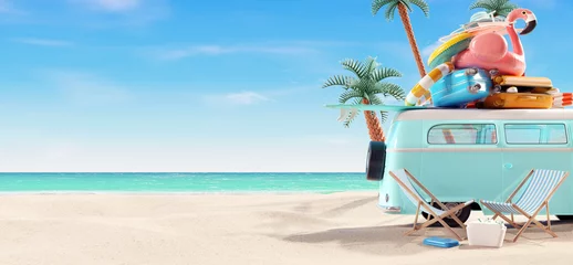 Deurstickers Summer vacation, travel holiday, van and beach accessories with beautiful sea background. 3d rendering  © aanbetta