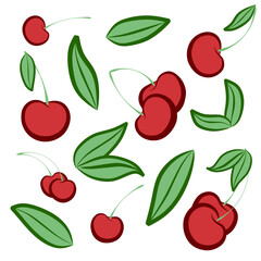 Set of fresh cherries with leaf, whole, double, group and half on isolated background.