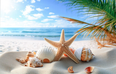 Fototapeta na wymiar AI generative. Shells and starfish on sandy beach