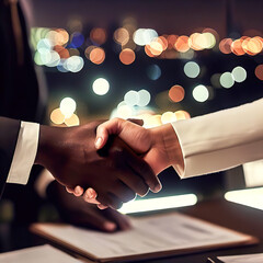 hand of black man and hand of white caucasian woman handshake for new employment in a night job background city lights night Generative AI