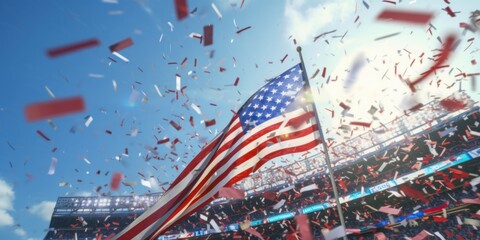 Celebrating USA Flag in Stadium for Sport Winning, National Event and Holiday Celebration. Generative AI