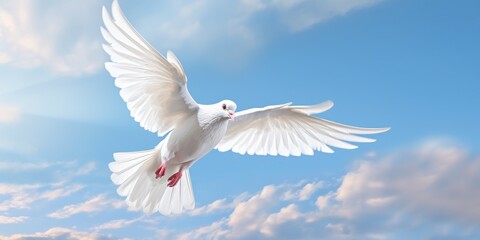 Fototapeta premium White Dove Flying on Blue Sky Background, Bird of Peace Symbol, International Peace Day. Generative Ai