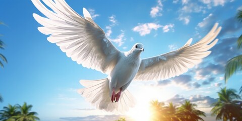Fototapeta premium White Dove Flying on Blue Sky Background, Bird of Peace Symbol, International Peace Day. Generative Ai