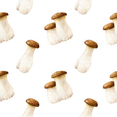 King trumpet mushroom seamless pattern. Watercolor illustration. Hand painted Pleurotus eryngii fungus. Edible fresh king oyster mushroom seamless pattern element. White background