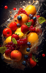 Fresh fruits in transparent water splashes, front view.