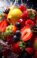 Fototapeta na wymiar Fresh fruits in transparent water splashes, front view.