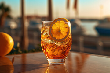 Refreshing whiskey, bourbon by the sea. Lime, lemon. Summer, beach and vacation.