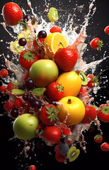 Fototapeta na wymiar Fresh fruits in transparent water splashes, front view.