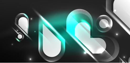 Neon glowing geometric shapes vector abstract background. Round elements, light effects and glass glossy style with color backdrop. Space cosmic or magic energy wallpaper
