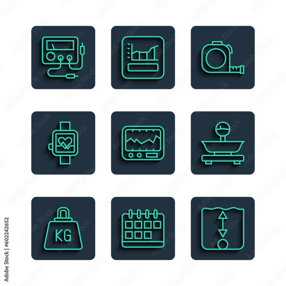 Canvas Prints Set line Weight, Calendar, Depth measurement, Roulette construction, Measuring instrument, Smart watch, Multimeter, voltmeter and Scales icon. Vector