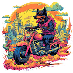 A surreal t-shirt design featuring a Rottweiler Dog on a motorcycle, traveling through a dreamlike world filled with floating islands and rainbow-colored skies, Generative Ai