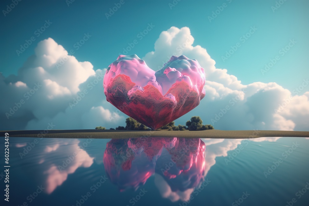 Poster an item in the form of a heart that is floating on top of a body of water Generative AI