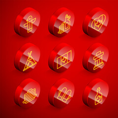 Set line Canadian totem pole, Syrup with pancakes, Heart shaped Canada flag, Indian teepee or wigwam, Flag of, Inukshuk, Stack and Christmas mitten icon. Vector