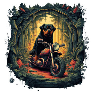 A mysterious Rottweiler Dog, riding a customized motorcycle through a mystical forest filled with ancient ruins and arcane symbols, searching for hidden secrets and forgotten knowledge, Generative Ai