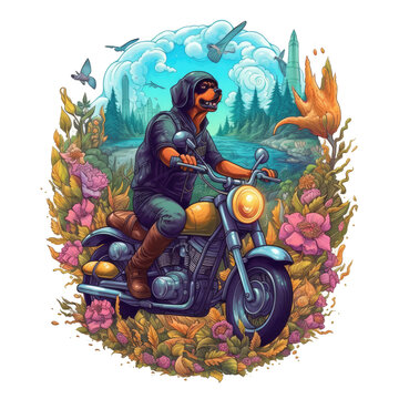 A curious Rottweiler Dog, riding a vintage motorcycle through a surreal forest filled with giant flowers and floating islands, exploring a dreamlike world, Generative Ai