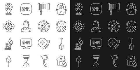 Set line Fire in burning house, shovel, Gas mask, hose reel, Firefighter, Location with fire flame and No icon. Vector