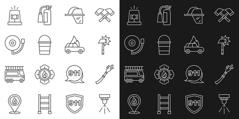 Set line Fire sprinkler system, hose reel, Firefighter axe, helmet, bucket, Ringing alarm bell, Flasher siren and Burning car icon. Vector