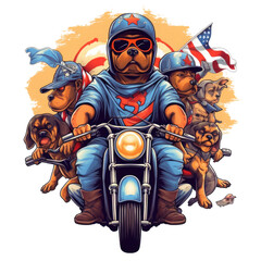 A humorous patriotic t-shirt design with a Rottweiler Dog on a scooter, trying to keep up with a group of Harley-Davidson riders, the dog wearing a comical, Generative Ai